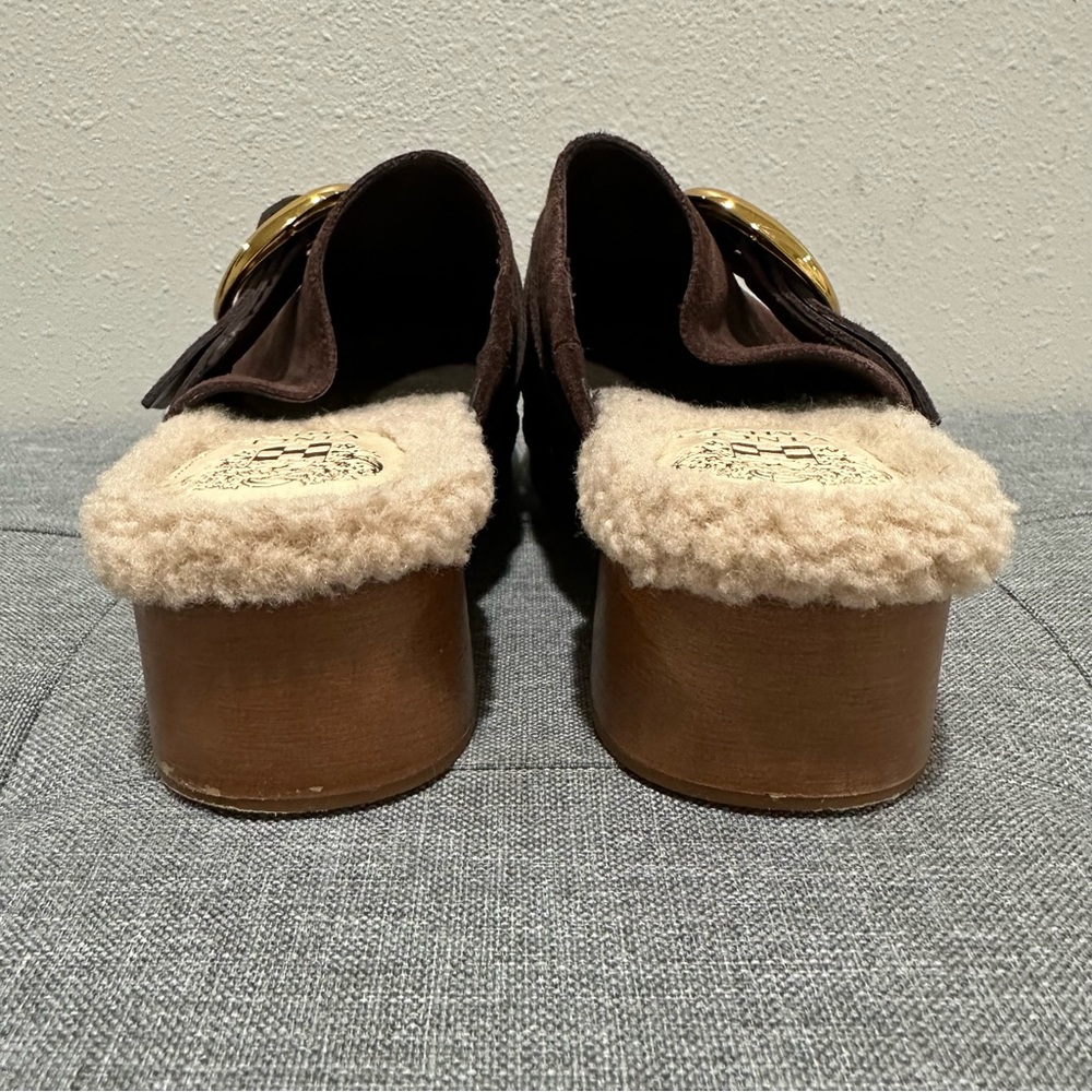 Vince Camuto Canzenee Chocolate Suede Mules with Gold Buckle - Picture 6 of 10